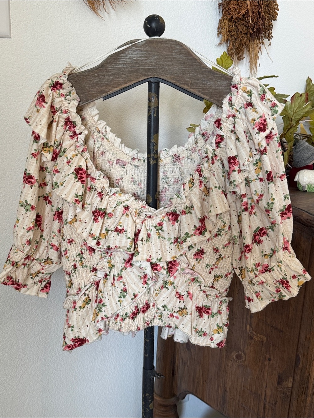 NWT Free People Favorite Girl Floral Smocked Ruffled Boho Top L